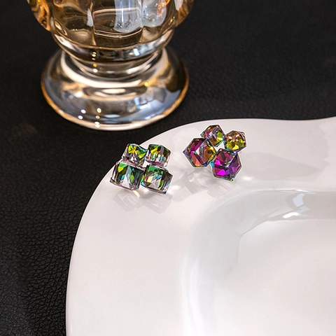 Geometric Cube Stud Earrings With Crystal Glass And Silver Earring Post Aurora Polar Light Luxury Jewelry For Women