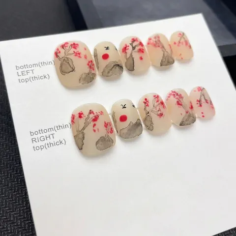 Handmade Press On Nails Chinese Style Hand Painted Red Plum Blossom Ink Wash Landscape Design Matte Frosted False Nails