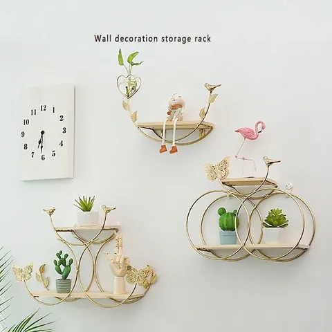 Wall Mounted Storage Shelf Gold Iron Metal Frame Wood Board Nordic Decorative Rack For Living Room Bedroom Bird Butterfly Ornament