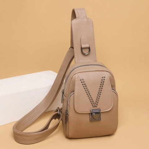 Women PU Leather Chest Bag V Shaped Rivets Solid Color Retro Crossbody Waist Pack Earphone Hole For Travel Daily Wear
