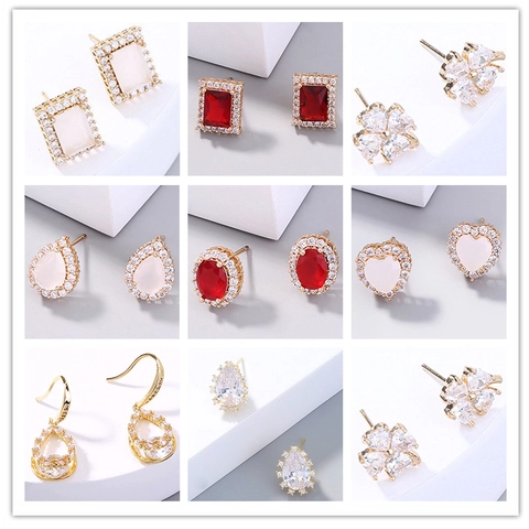 Elegant Copper Stud Earrings Gold Plated Zircon Heart Teardrop Oval Square Geometric Accessories For Women Jewelry