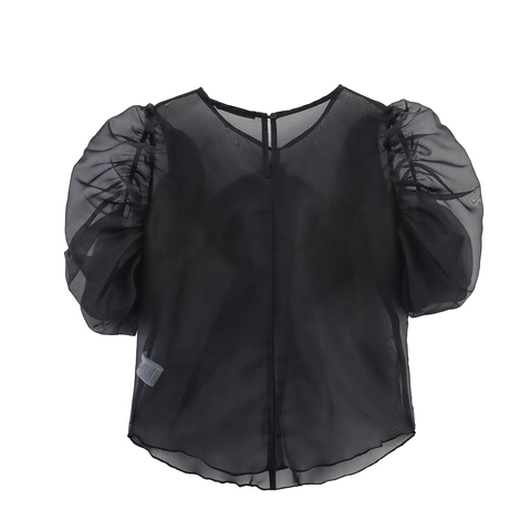 Blusa In Organza A Rete Donna Maniche A Sbuffo Fiocco Trasparente Girocollo Stile Francese Dolce Top Elegante Nero