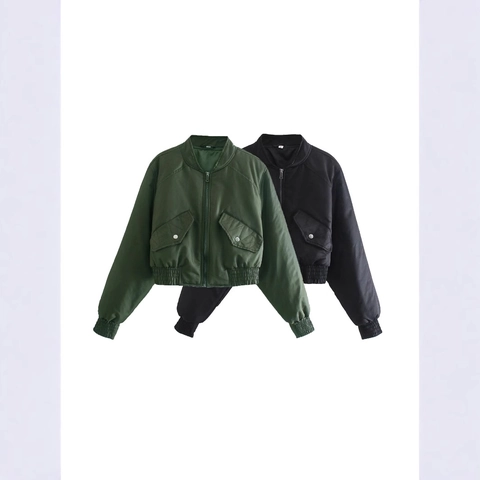 Women Casual Short Padded Bomber Jacket Polyester Windproof Stand Collar Zip Up Outerwear With Pockets Streetwear