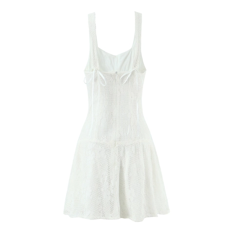 Robe Mini Caraco En Dentelle Blanche Sans Manches Col En V Noeud Taille Haute Style Lolita Sexy Doux Fête Été Femmes