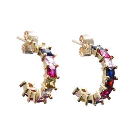 Rainbow Copper Earrings For Women Gold Plated Geometric C Shape Heart Enamel Multi Color Rhinestone Fashion Jewelry