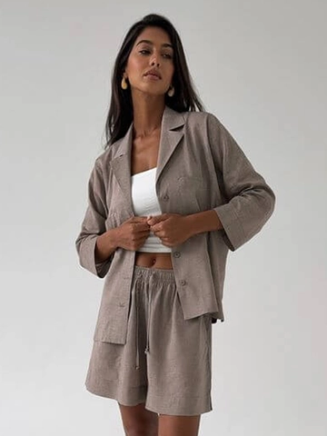 Trajes De Camisa Y Pantalones Cortos Para Mujer Textura Lino Algodón Rayón Casual Verano Suelto Color Sólido Bolsillo