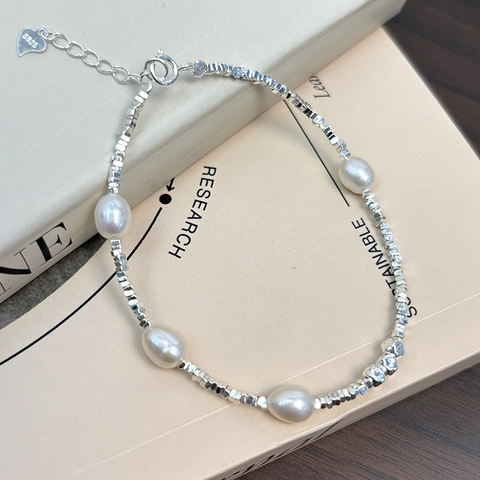 925 Sterling Silver Natural Freshwater Pearl Bracelet For Women Minimalist Silver Beads Heart Pendant Adjustable Bracelet Jewelry