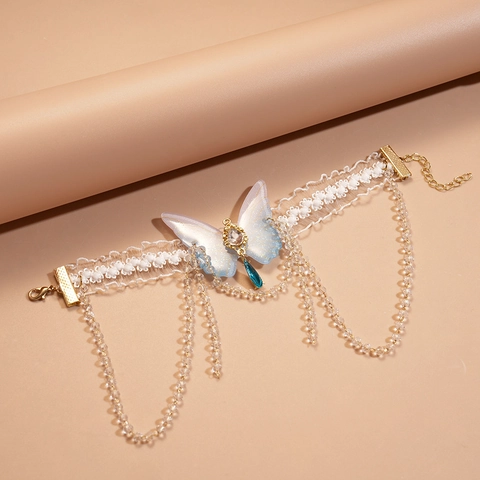 Collar Choker Mariposa Mujeres Encaje Blanco Aleación Cristal Cuentas Flecos Colgante Gota Azul Joyería Elegante