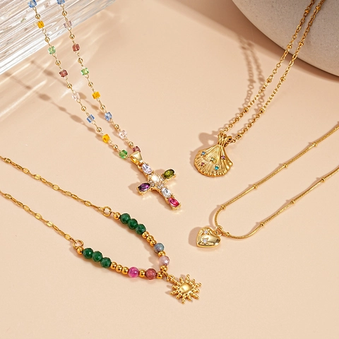 Bohemian Necklace Layered Alloy Colorful Beaded Cross Heart Shell Sun Pendants Rhinestone Fashion Women