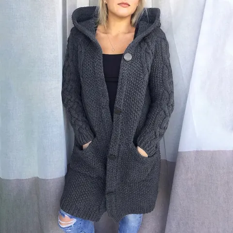 Cardigan Con Cappuccio In Maglia A Trecce Da Donna Manica Lunga Acrilico Poliestere Cappotto In Maglia Monopetto Con Tasche Streetwear Casual