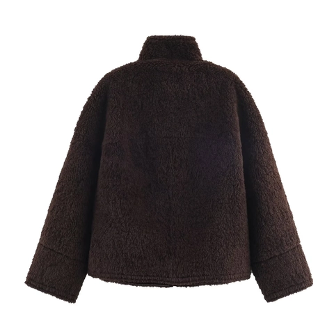 Chaqueta Sherpa de Piel Sintética para Mujer Cuello Alto Manga Larga Cremallera Abrigo de Invierno Cálido Con Bolsillos Grandes Color Sólido