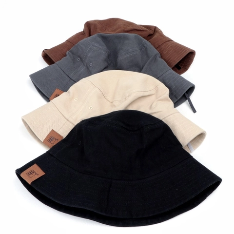 Unisex Cotton Canvas Bucket Hat Sun Protection Wide Brim Outdoor Casual Solid Color With Leather Patch