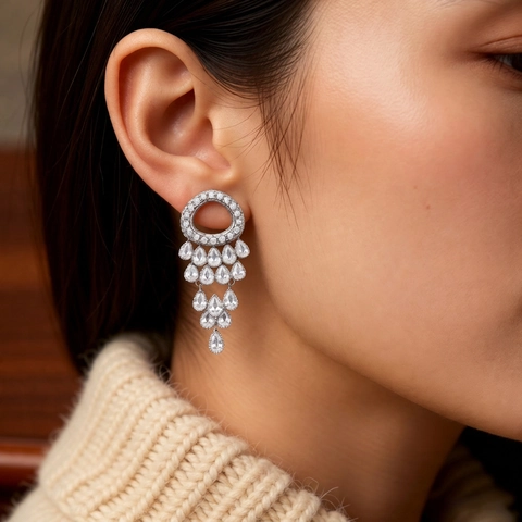 Orecchini Pendenti Lusso Zircone Nappa Goccia Acqua Lampadario Rame Accessori Gioielli Con Perno In Argento