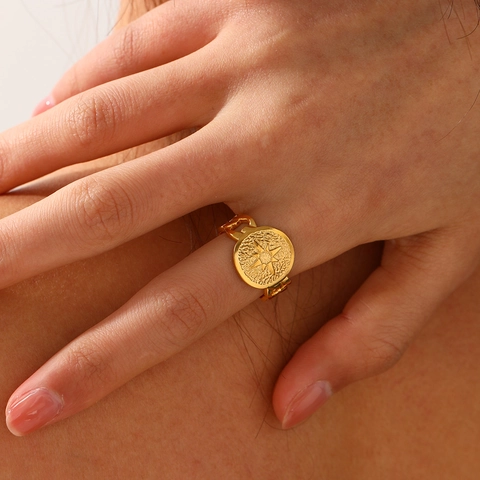 Edelstahl Ring Achtzackiger Stern Nordstern Kompass Relief Verstellbar Offen Vergoldet Retro Böhmisch Für Damen