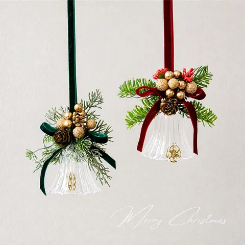 Christmas Glass Bell Hanging Ornament With Velvet Ribbon Pine Cones Berries For Christmas Tree Home Decor Festive Decoration