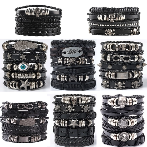 Mens Multi Layer Leather Bracelet Braided Cord With Alloy Skull Wood Beads Punk Vintage Adjustable Wrist Jewelry
