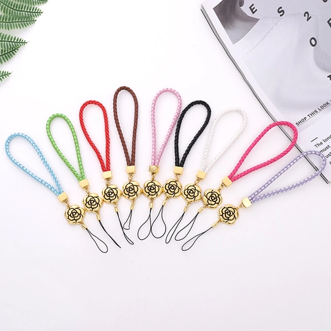 Vintage Camellia Flower Braided Phone Lanyard Metal Charm Elegant Wrist Strap Anti-lost Phone String For Women Handheld Hanging Accessory Gift