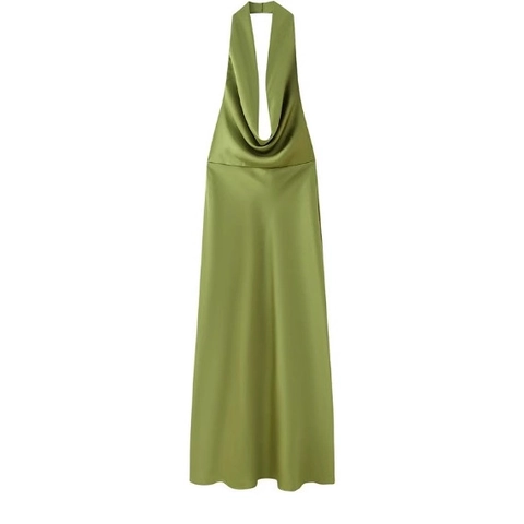Halternek Satijnen Jurk Met Blote Rug Cowl Neck Midi Jurk Elegant Effen Kleur Avondfeest Dames