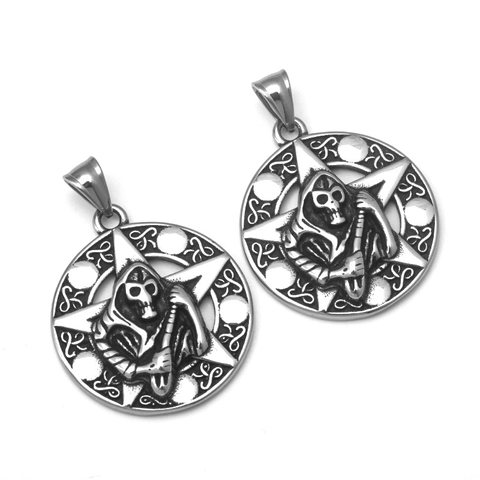 Edelstahl Sensenmann Pentagramm Anhänger Halskette Vintage Gothic Punk Hohl Rund Schmuck Für Herren Damen