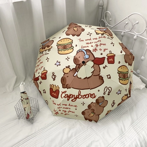 Ombrello Pieghevole Cartone Animato Capybara Automatico Protezione Solare Anti-UV Antivento Portatile Kawaii Rivestimento Nero