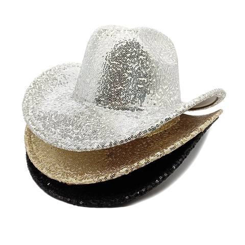 Shiny Sequin Cowboy Hat Wide Brim Sparkly Jazz Cap For Party Stage Performance Western Style Polyester