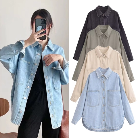 Women Denim Shirt Jacket Long Sleeve Washed Cotton Shacket Casual Loose Button Down Outerwear With Flap Pockets