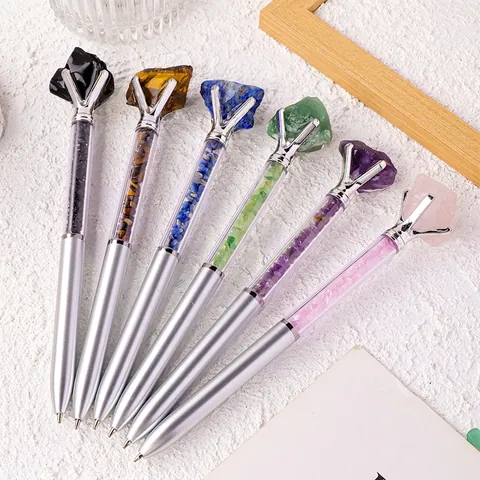 Penna A Sfera Cristallo Naturale Pietra Grezza Ghiaia Metallo Argento Ufficio Cartoleria Regalo Creativo Strumento Scrittura