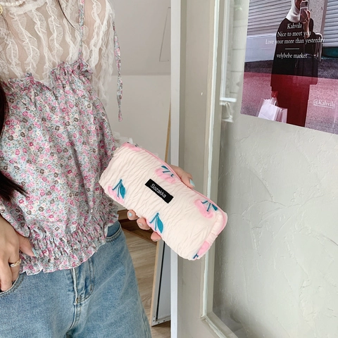 Wrinkled Texture Pencil Case Floral Embroidery Zipper Portable Makeup Bag Jacquard Polyester Storage Pouch Korean Style Students Women