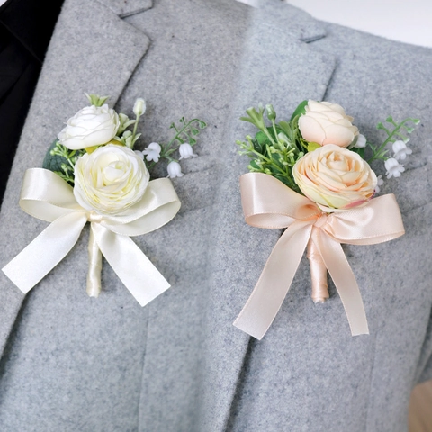 Wedding Boutonniere And Wrist Corsage Satin Rose Faux Artificial Pearl Elegant Groom Bride Accessory Celebration