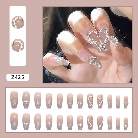 Unghie Finte Lunghe Forma Bara Balletto Sfumato Rosa Glitter Argento Strass A Forma Di Cuore Giunzione Stile Y2K Donne