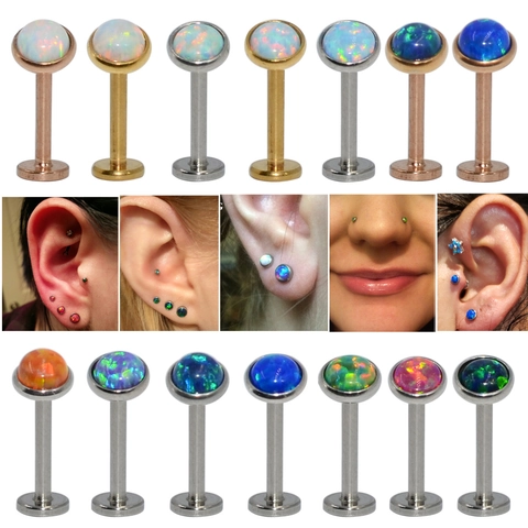 Stainless Steel Opal Labret Stud Internally Threaded Flat Back Lip Piercing Jewelry Ear Cartilage Tragus Earring