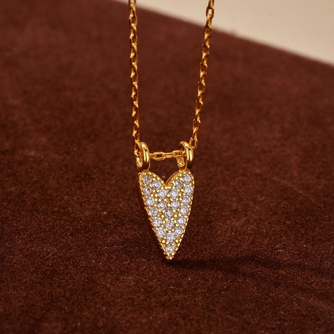Heart Pendant Necklace 18K Gold Plated 925 Sterling Silver Pave White Cubic Zirconia For Women Elegant Clavicle Chain