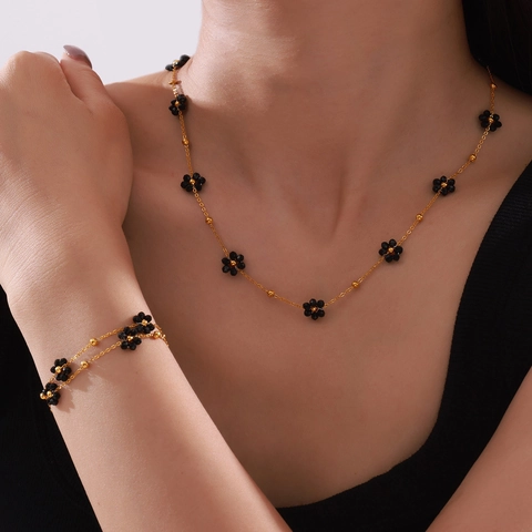 Joyas De Flores Vintage Collar Y Pulsera Acero De Titanio Con Piedras Naturales Cuentas Negras Para Mujer