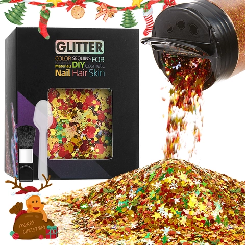 Christmas Glitter Sequins Mixed Colors Shapes For Nail Art Body Hair Festive DIY Craft Accessories With Brush And Spoon