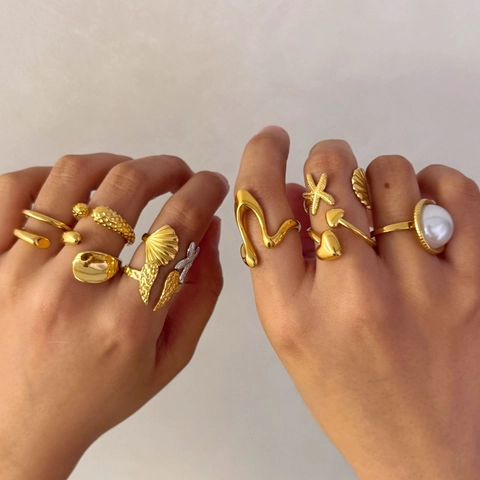 Adjustable Open Rings 316 Stainless Steel PVD Gold Plated Shell Starfish Artificial Pearl Geometric Fashion Jewelry For Women