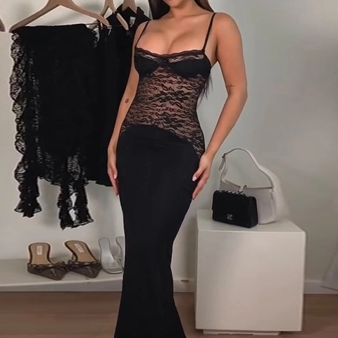 Women Sexy Black Lace Patchwork Maxi Dress Sleeveless Spaghetti Strap Backless Bodycon Elegant Evening Party Clubwear