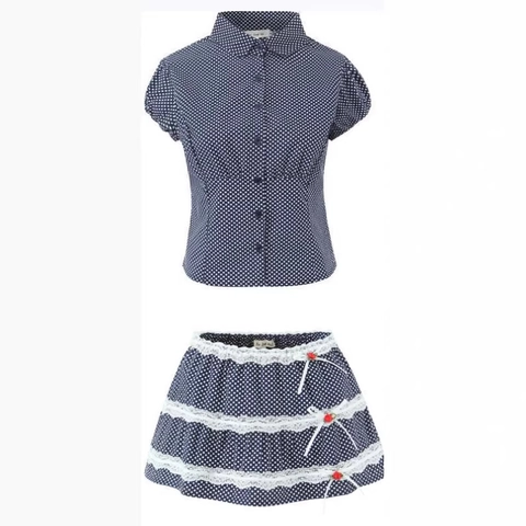Polka Dot Polyester Cotton Lapel Shirt And Tiered Lace Skirt Vintage Bubble Sleeve Casual Apparel For Women