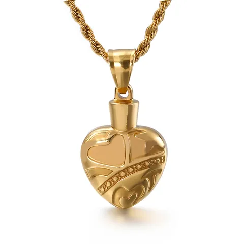 Heart Cremation Urn Necklace Stainless Steel Memorial Pendant For Ashes Relief Pattern Retro Hip Hop Jewelry For Men Women