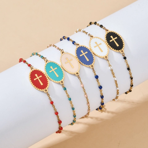 Bracciale Con Ciondolo A Croce Acciaio Inossidabile Perline Colorate Smalto Gioielli Religiosi Da Donna Catena Regolabile
