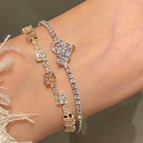 Women Alloy Bracelet With Square Pink Zircon Heart Shape Adjustable Chain Elegant Fashion Jewelry Accessory
