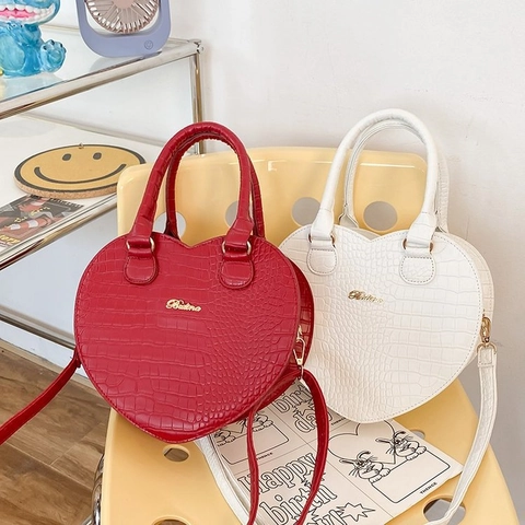 Borsa A Tracolla Donna Forma Cuore Pelle PU Trama Coccodrillo Moda Borsa A Mano Manico Superiore Decoro Metallo Oro