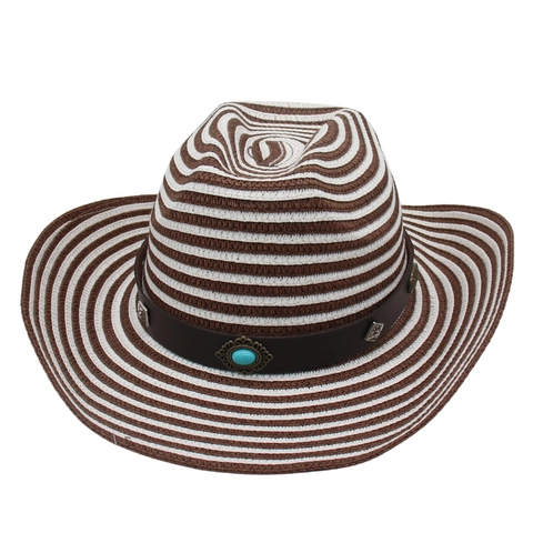 Chapeau De Cow-Boy En Paille Rayé À Bord Large Chapeau De Soleil Avec Bande En Cuir Turquoise Et Corde À Vent Vintage Plage Fedora Unisexe