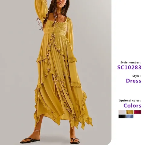 Maxi Dress Bohemian Ruffle Long Sleeve Tiered Split Textured Polyester High Waist For Women