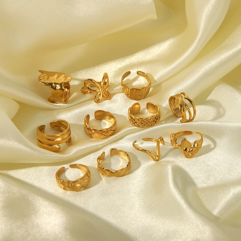 Edelstahlring Unregelmäßig Hammerschlag Welle Schmetterling Offen Verstellbar Wasserdicht Goldschmuck Damen