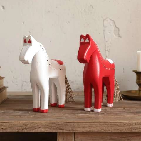 Nordischer Stil Dala-Pferd Ornament Holz Vintage Handbemalt Punktmuster Tierfigur Für Zuhause Wohnzimmer Schreibtisch Dekoration