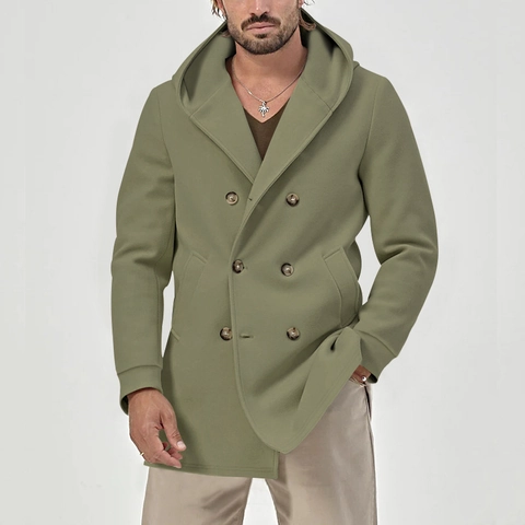 Men's Double-Breasted Hooded Mid-Length Overcoat Casual Brushed Polyester Winter Pea Coat Top For Youth British Style