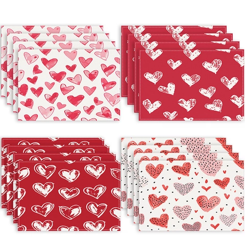 Valentine's Day Red Heart Placemats Linen Fabric Heat Resistant Washable Table Mats For Holiday Party Home Decoration