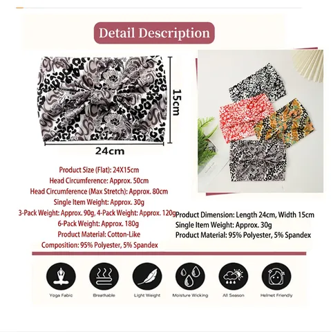 Women Bohemian Printed Wide Headband Elastic Knotted Hair Band For Yoga Sports Casual Polyester Fabric Headscarf