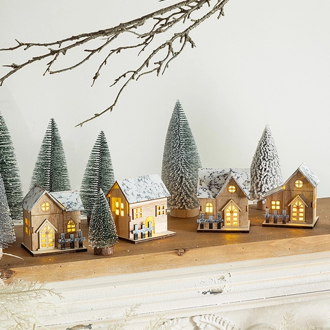 LED Lighted Christmas Village House Wooden Miniature Snow Cabin Reindeer Snowman Ornament Festive Tabletop Home Decor
