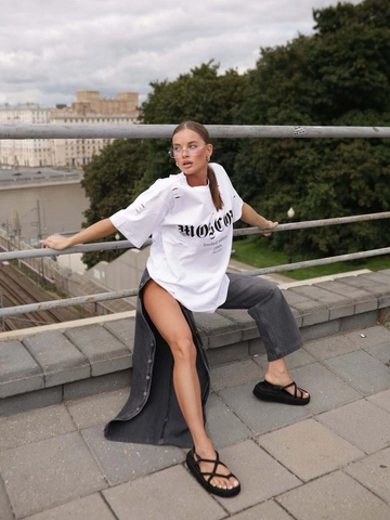 Women T-Shirt Short Sleeve Crew Neck Oversized Distressed Hole Graphic Print Cotton Knit Vintage Streetwear Top